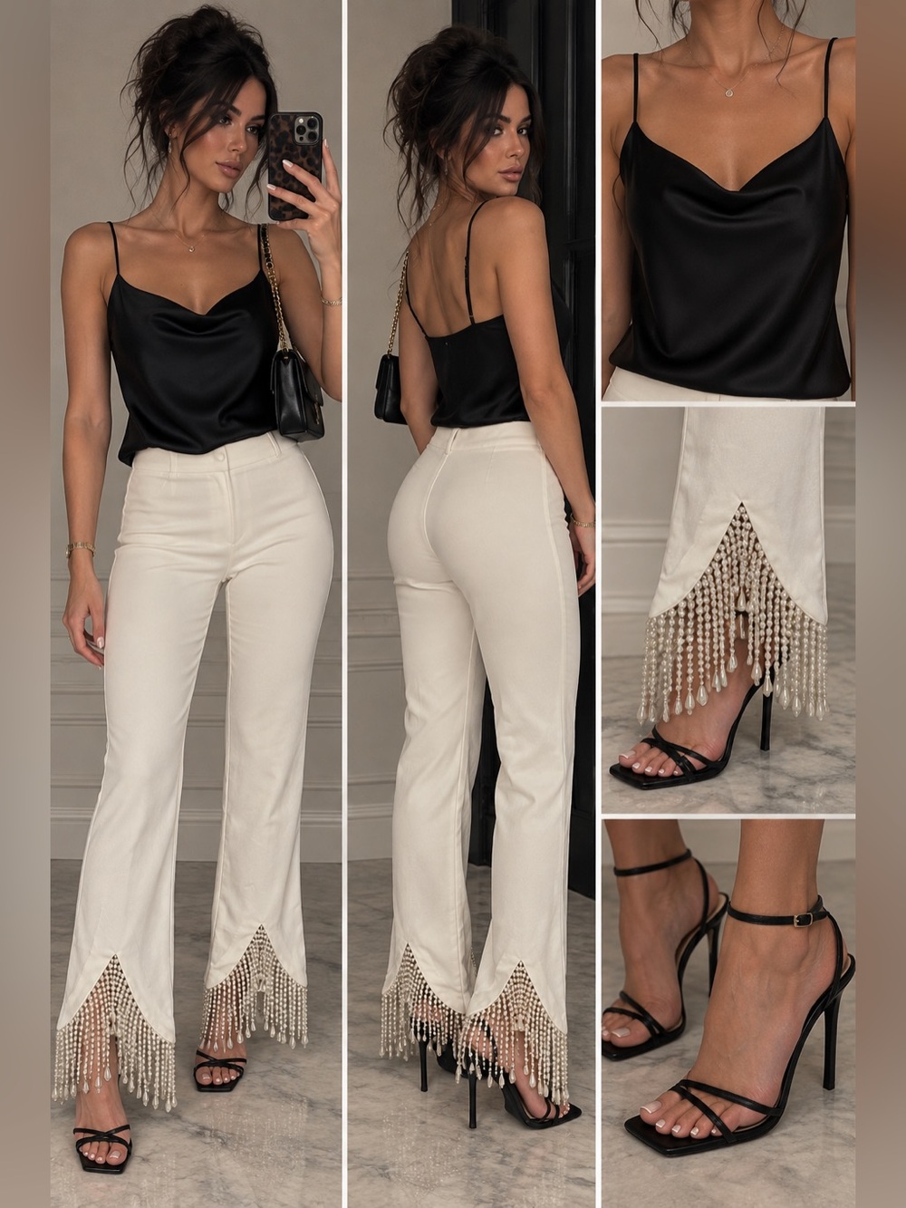 Fashion Nova Cream Wide-Leg Beaded Fringe Pants